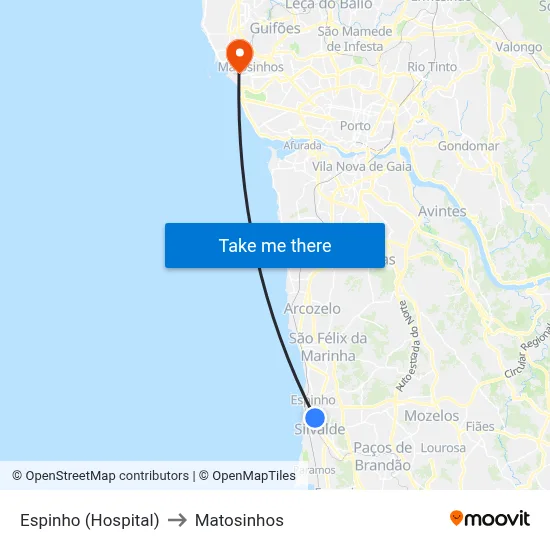 Espinho (Hospital) to Matosinhos map