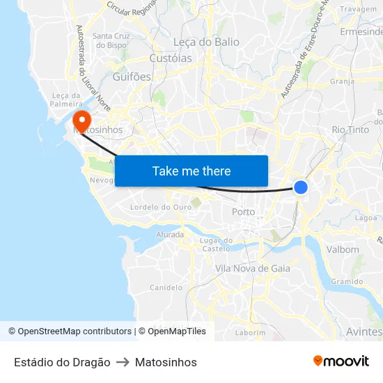 Estádio do Dragão to Matosinhos map