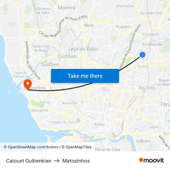 Caloust Gulbenkian to Matosinhos map
