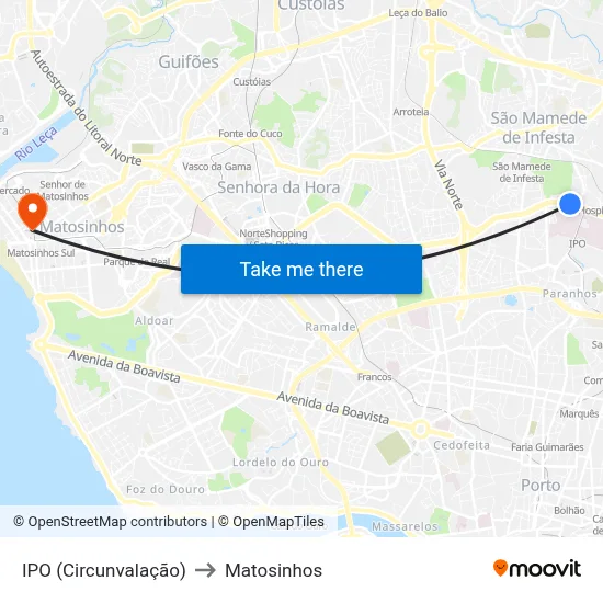 IPO (Circunvalação) to Matosinhos map