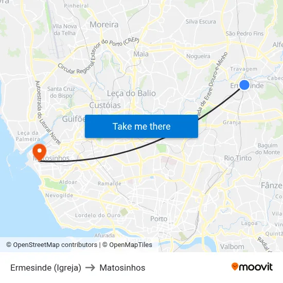 Ermesinde (Igreja) to Matosinhos map