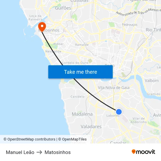 Manuel Leão to Matosinhos map