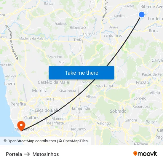 Portela to Matosinhos map