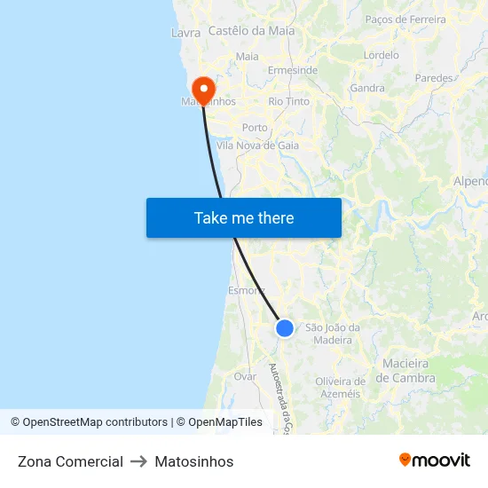 Zona Comercial to Matosinhos map