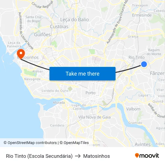 Rio Tinto (Escola Secundária) to Matosinhos map
