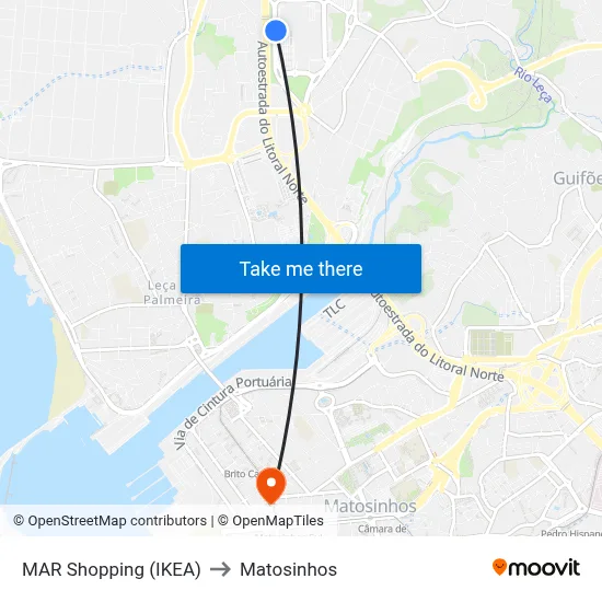 MAR Shopping (IKEA) to Matosinhos map