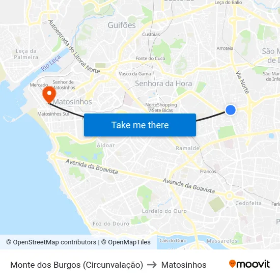 Monte dos Burgos (Circunvalação) to Matosinhos map