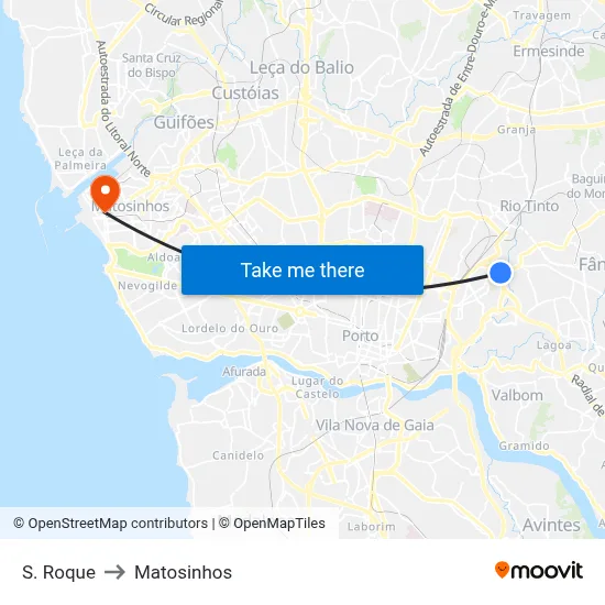 S. Roque to Matosinhos map