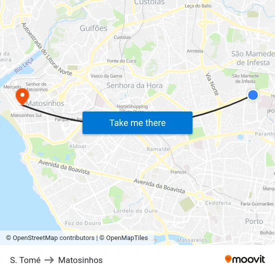 S. Tomé to Matosinhos map