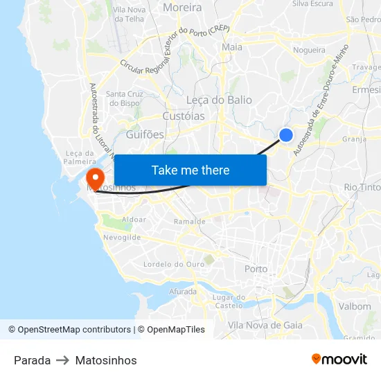 Parada to Matosinhos map