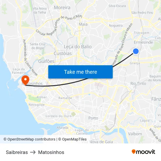 Saibreiras to Matosinhos map