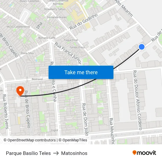 Parque Basílio Teles to Matosinhos map