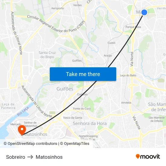 Sobreiro to Matosinhos map