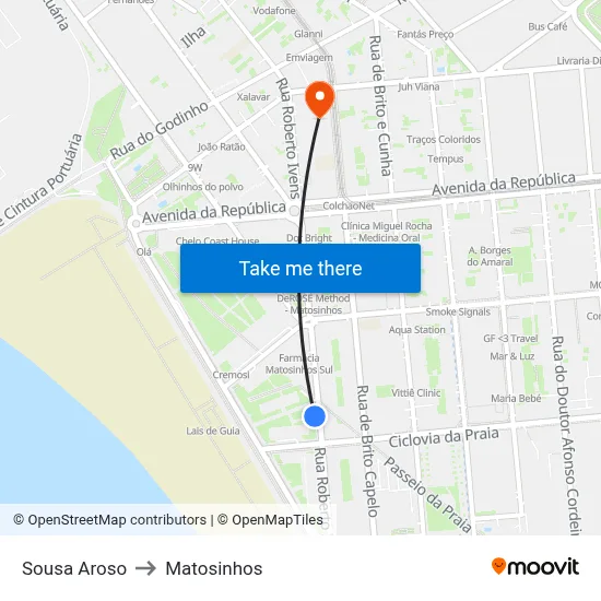 Sousa Aroso to Matosinhos map