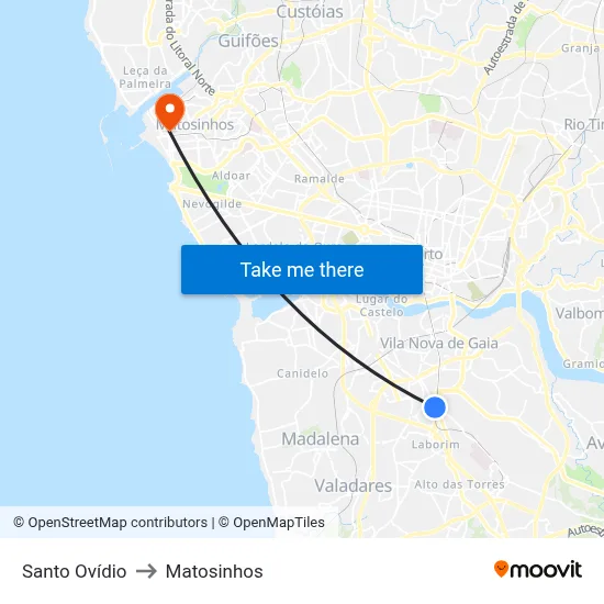 Santo Ovídio to Matosinhos map