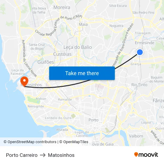 Porto Carreiro to Matosinhos map