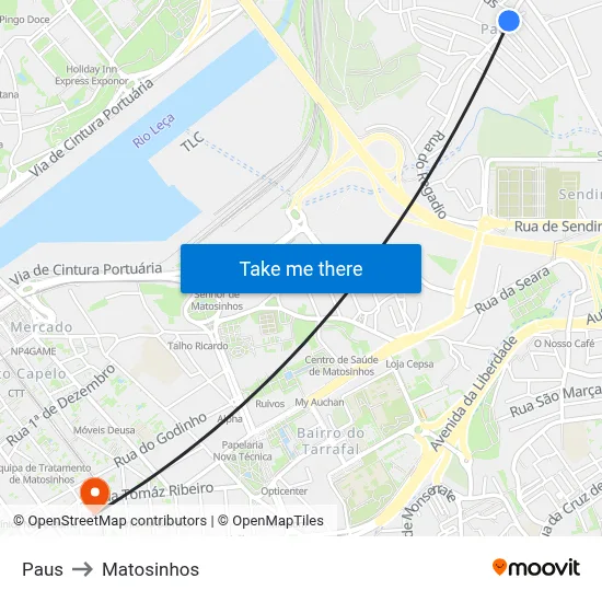 Paus to Matosinhos map