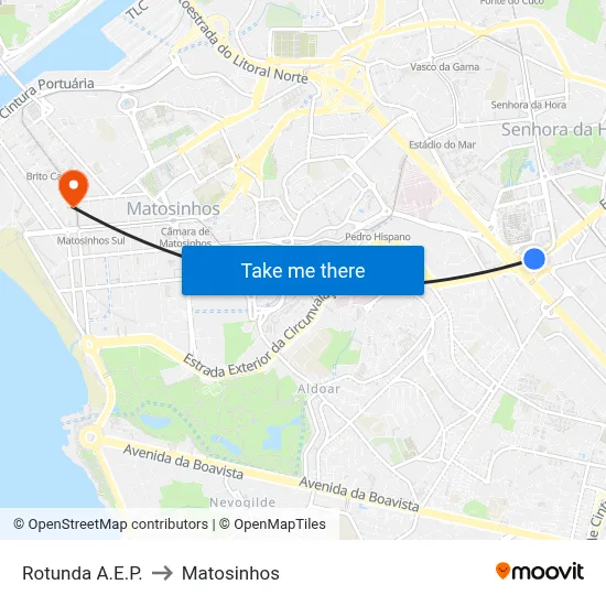 Rotunda A.E.P. to Matosinhos map