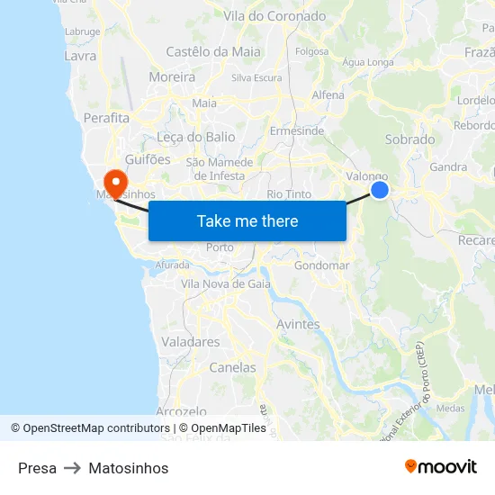 Presa to Matosinhos map