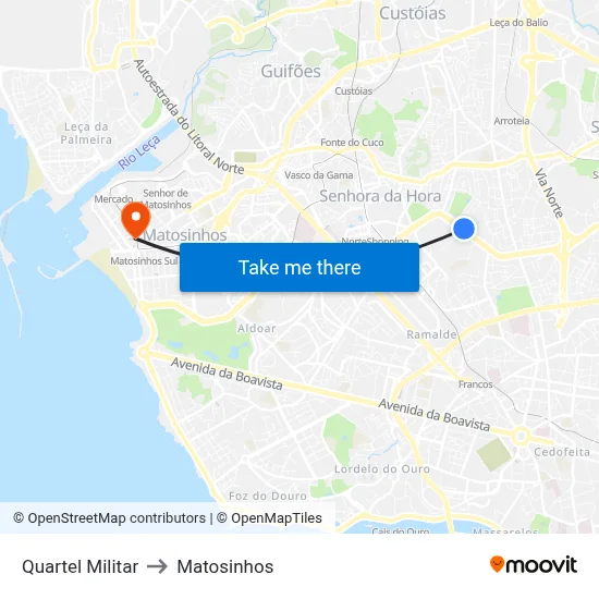 Quartel Militar to Matosinhos map