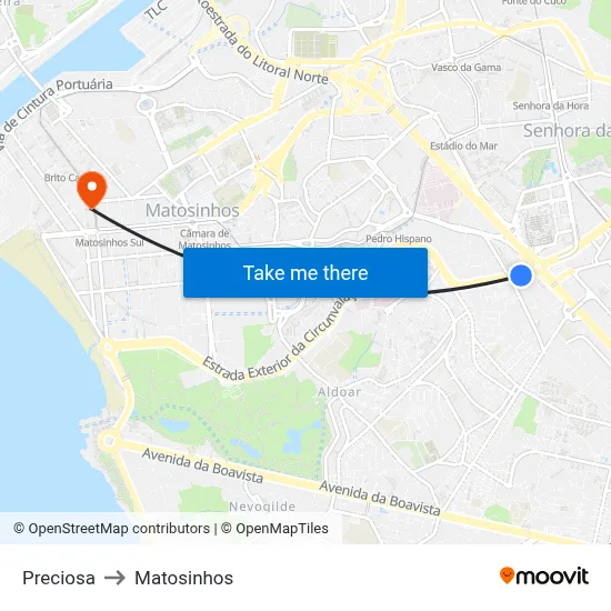 Preciosa to Matosinhos map