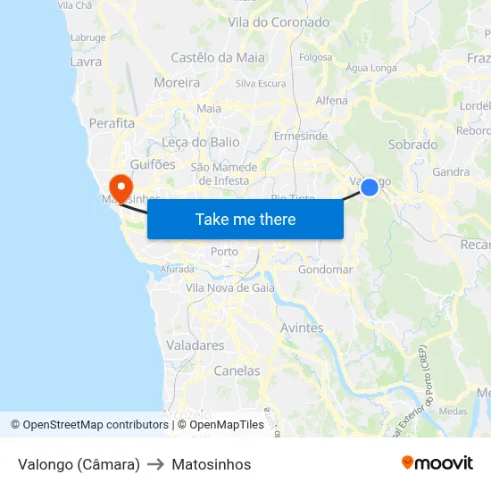 Valongo (Câmara) to Matosinhos map