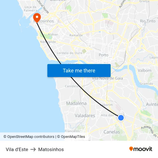 Vila d'Este to Matosinhos map