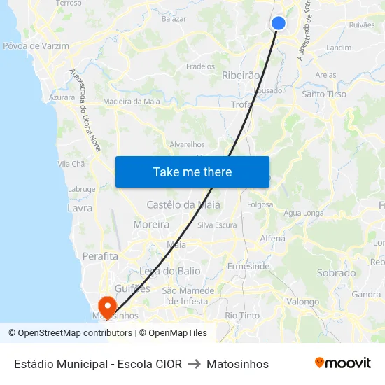 Estádio Municipal - Escola CIOR to Matosinhos map