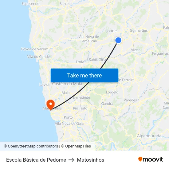 Escola Básica de Pedome to Matosinhos map