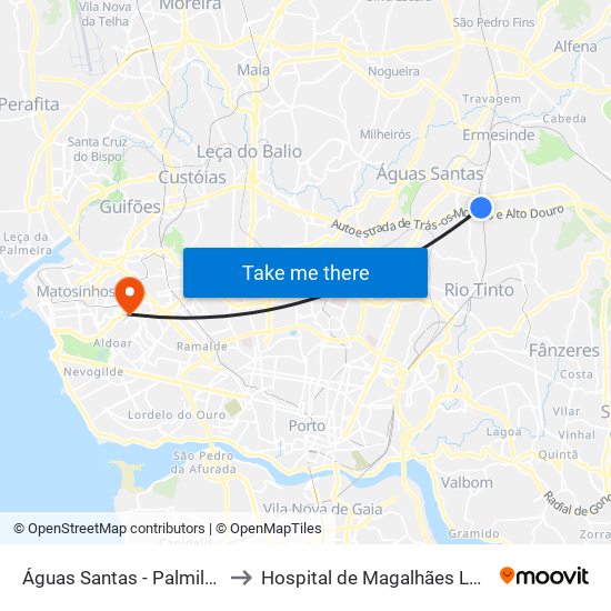 Águas Santas - Palmilheira to Hospital de Magalhães Lemos map