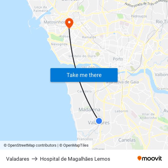 Valadares to Hospital de Magalhães Lemos map
