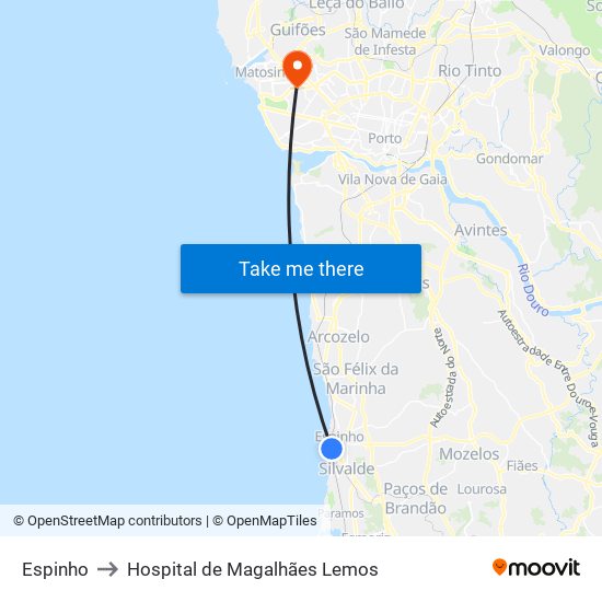 Espinho to Hospital de Magalhães Lemos map