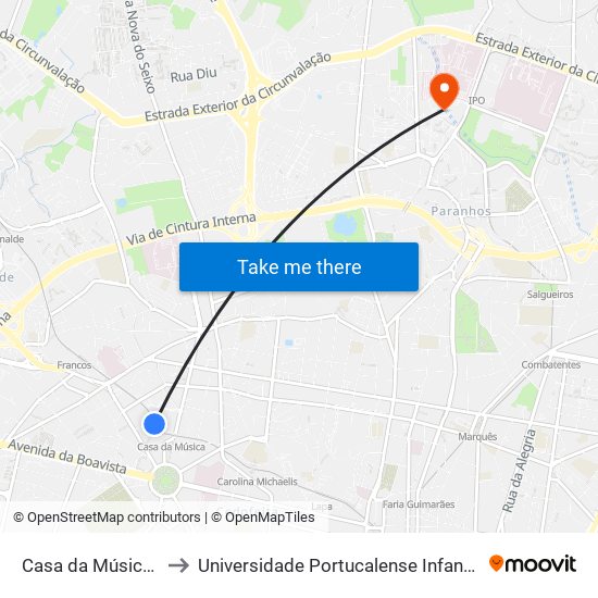 Casa da Música (Metro) to Universidade Portucalense Infante Dom Henrique map