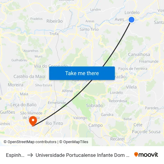 Espinho 2 to Universidade Portucalense Infante Dom Henrique map
