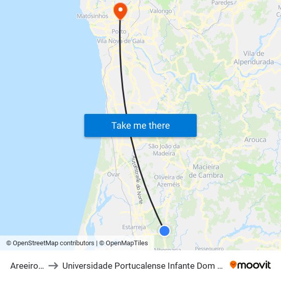 Areeiros 1 to Universidade Portucalense Infante Dom Henrique map
