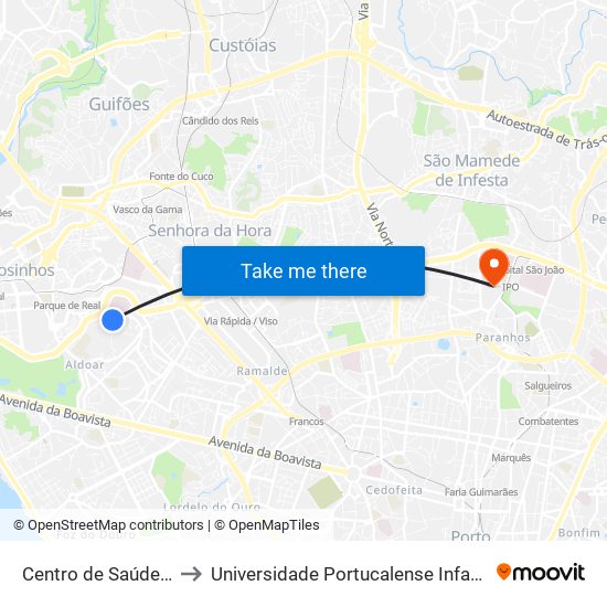 Centro de Saúde de Aldoar to Universidade Portucalense Infante Dom Henrique map