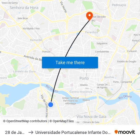 28 de Janeiro to Universidade Portucalense Infante Dom Henrique map
