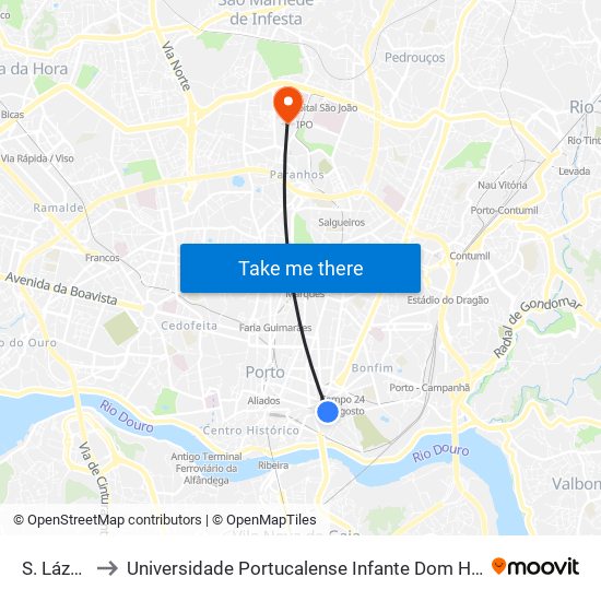 S. Lázaro to Universidade Portucalense Infante Dom Henrique map