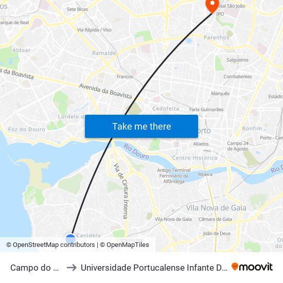 Campo do Monte to Universidade Portucalense Infante Dom Henrique map