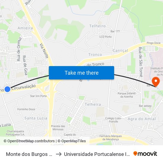 Monte dos Burgos (Circunvalação) to Universidade Portucalense Infante Dom Henrique map