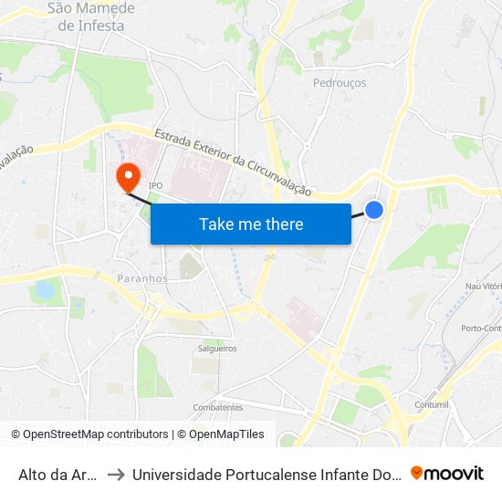 Alto da Areosa to Universidade Portucalense Infante Dom Henrique map