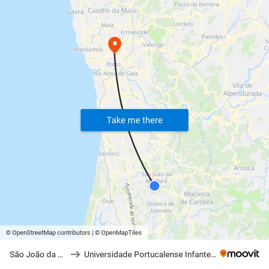 São João da Madeira to Universidade Portucalense Infante Dom Henrique map