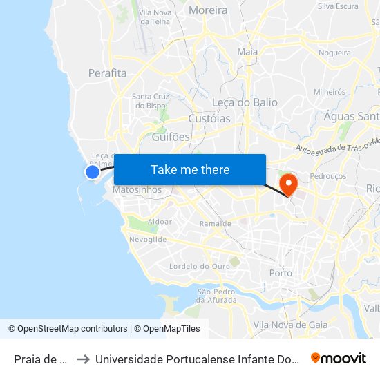 Praia de Leça to Universidade Portucalense Infante Dom Henrique map
