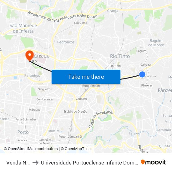 Venda Nova to Universidade Portucalense Infante Dom Henrique map