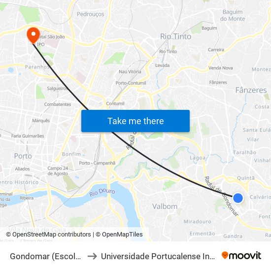 Gondomar (Escola Secundária) to Universidade Portucalense Infante Dom Henrique map