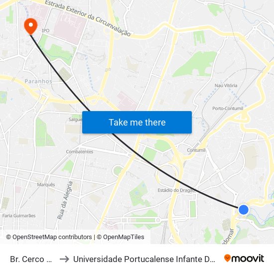 Br. Cerco Porto to Universidade Portucalense Infante Dom Henrique map