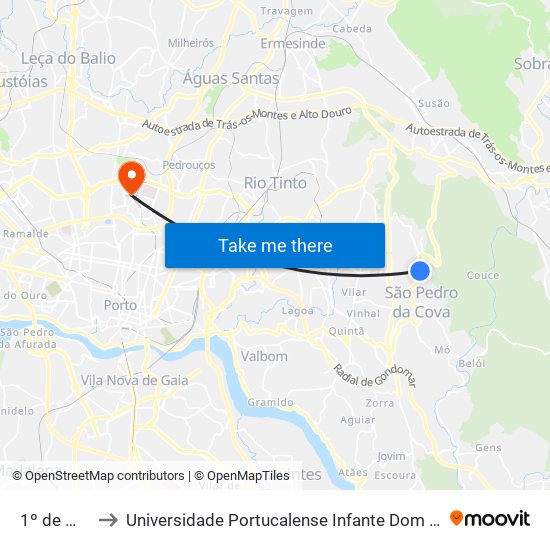 1º de Maio to Universidade Portucalense Infante Dom Henrique map