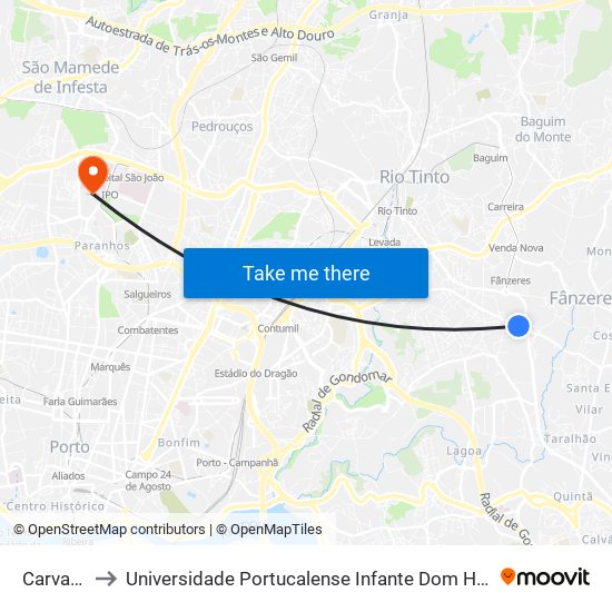 Carvalha to Universidade Portucalense Infante Dom Henrique map