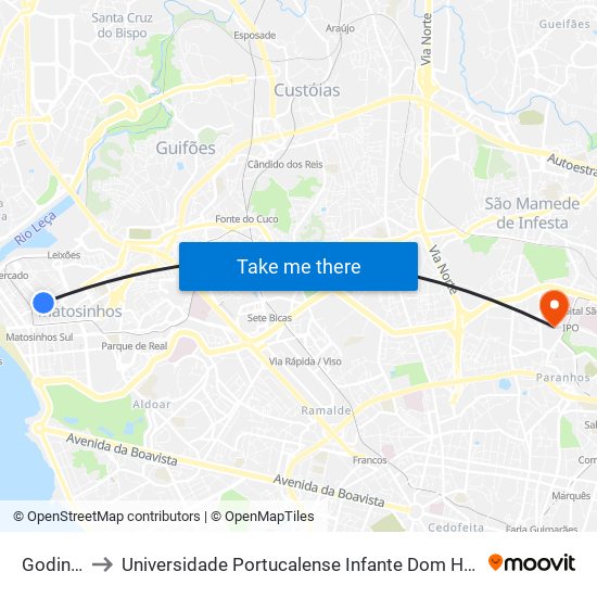 Godinho to Universidade Portucalense Infante Dom Henrique map