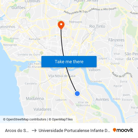 Arcos do Sardão to Universidade Portucalense Infante Dom Henrique map